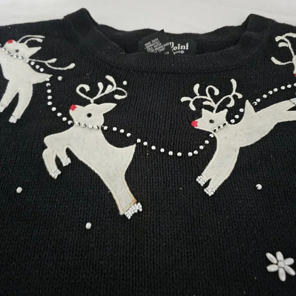 VTG Reference Point Petite Sz 2X Christmas Sweater Black Pullover with Reindeer - Picture 2 of 8